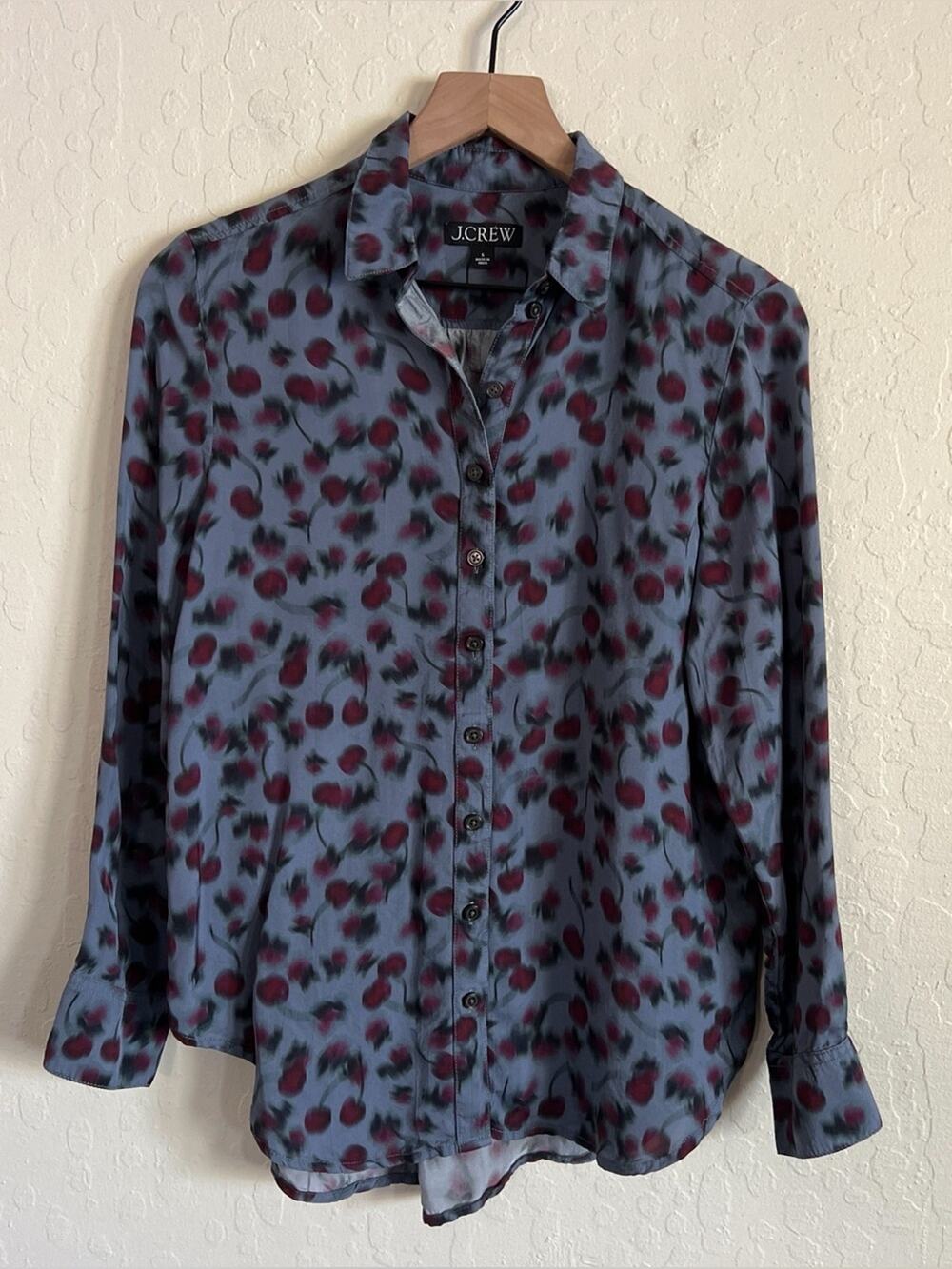 J Crew Drapey Long Sleeve Button Up Shirt Small Cherry-Printed Viscose Twill